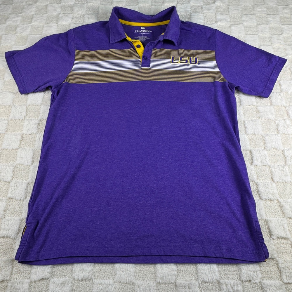 Colosseum LSU Tigers Mens Large Purple Striped Short Sleeve Polo Shirt NCAA